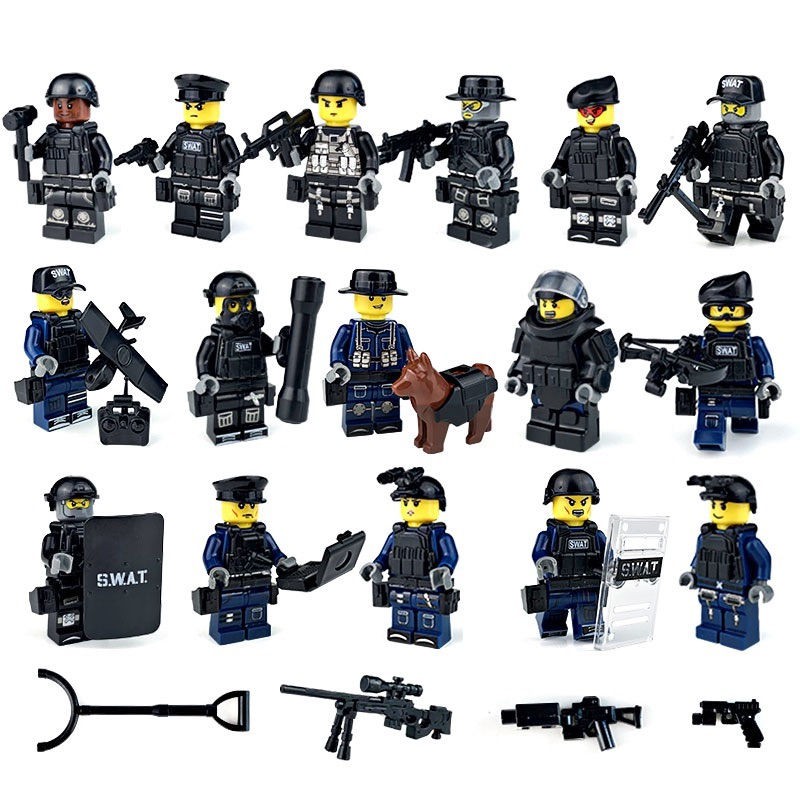 16pcs Soldiers Mini Figures SWAT Series Kids Jeep Building Blocks Education Toy Lego Army Toys 1632