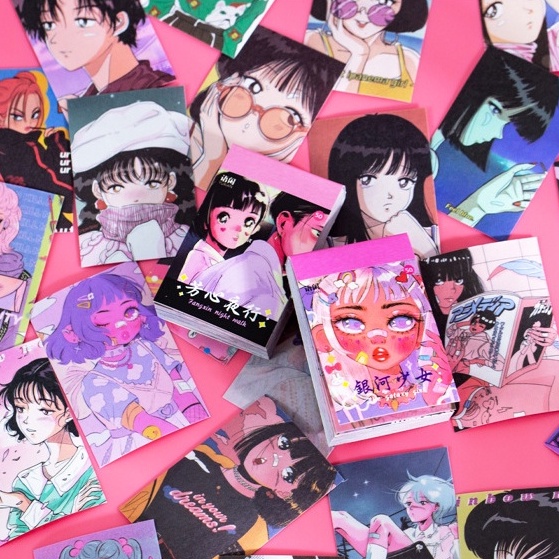 Sticker Set Miếng Dạng Thẻ Sticker Tấm 2 Tờ Dán Retro Anime Girl