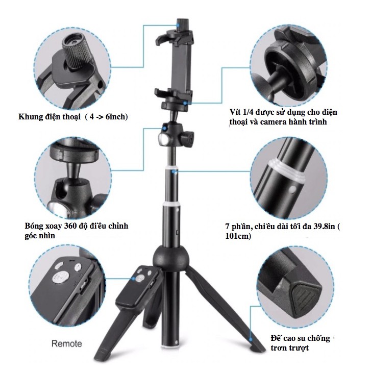 Gậy chụp hình tự sướng Yunteng kèm chân tripod + remote bluetooth YT-9928 ( Đen )