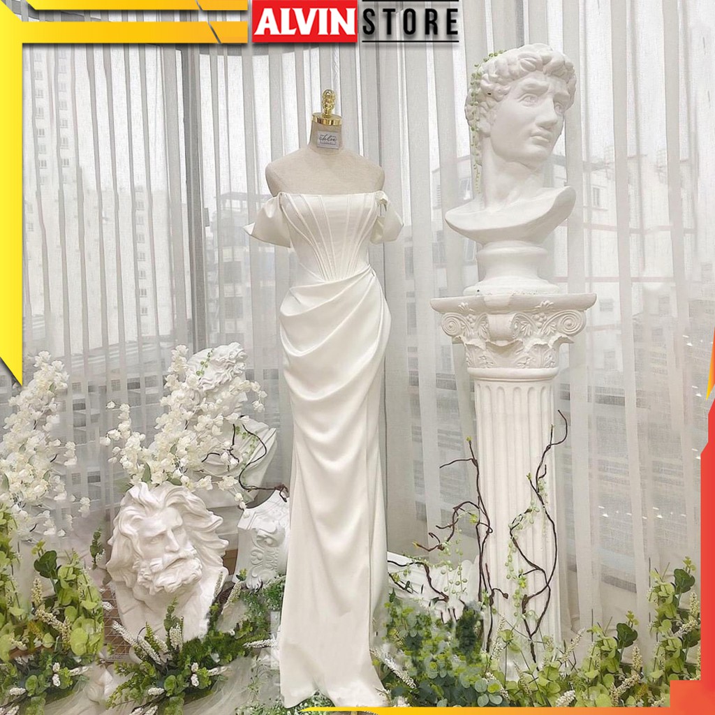 [Hàng Cao Cấp - Chuẩn Đẹp] Đầm Dự Tiệc Lụa Hở Vai Ngang Xếp Ly Bụng Alvin Store Sang Trọng, Quyến Rũ