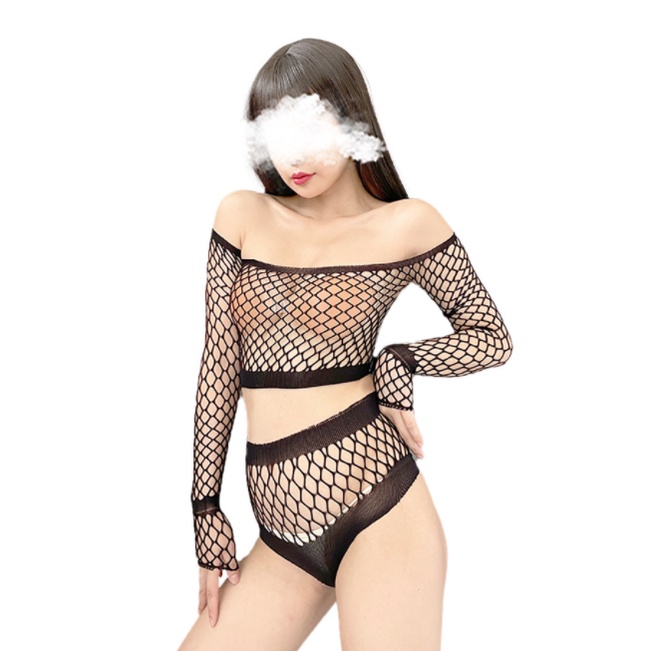 Bộ đồ ngủ lưới xuyên thấu sexy - croptop hở rốn co dãn gợi cảm