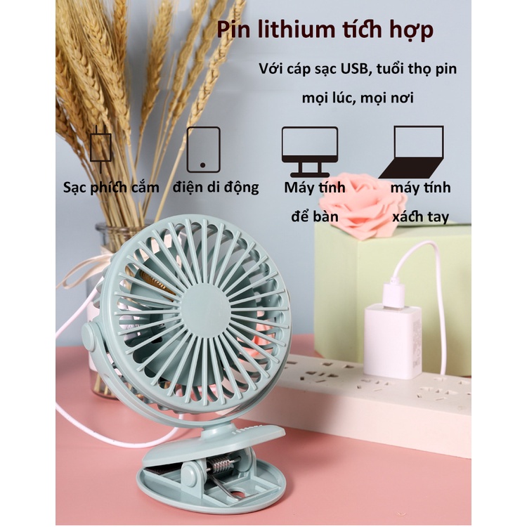 Quạt sạc mini để bàn/ kẹp nôi Xoay 360 độ Đế kẹp đa năng Quạt mini quạt tích điện - Quạt Làm Mát Mini Có Kẹp Sạc USB