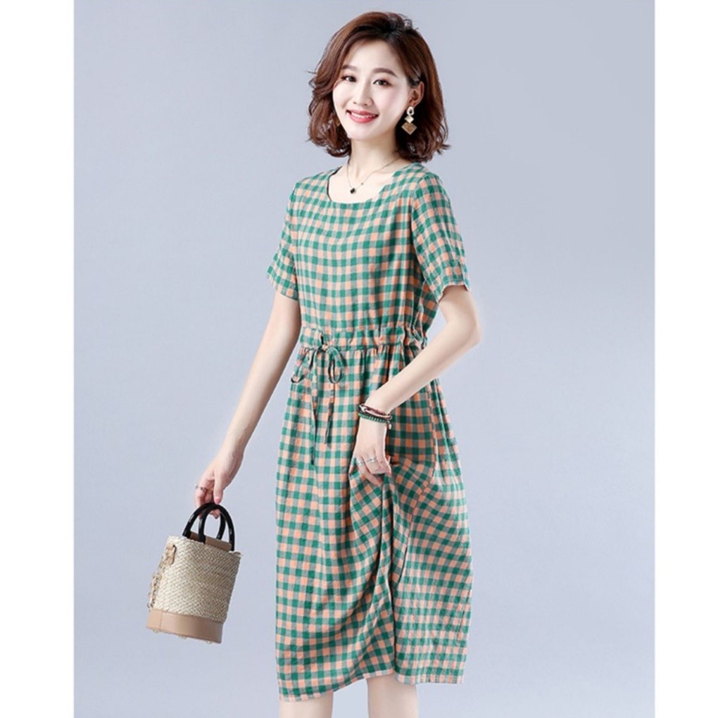 Đầm linen dáng suông kèm dây rút eo, đầm bigsize dáng dài qua gối da169