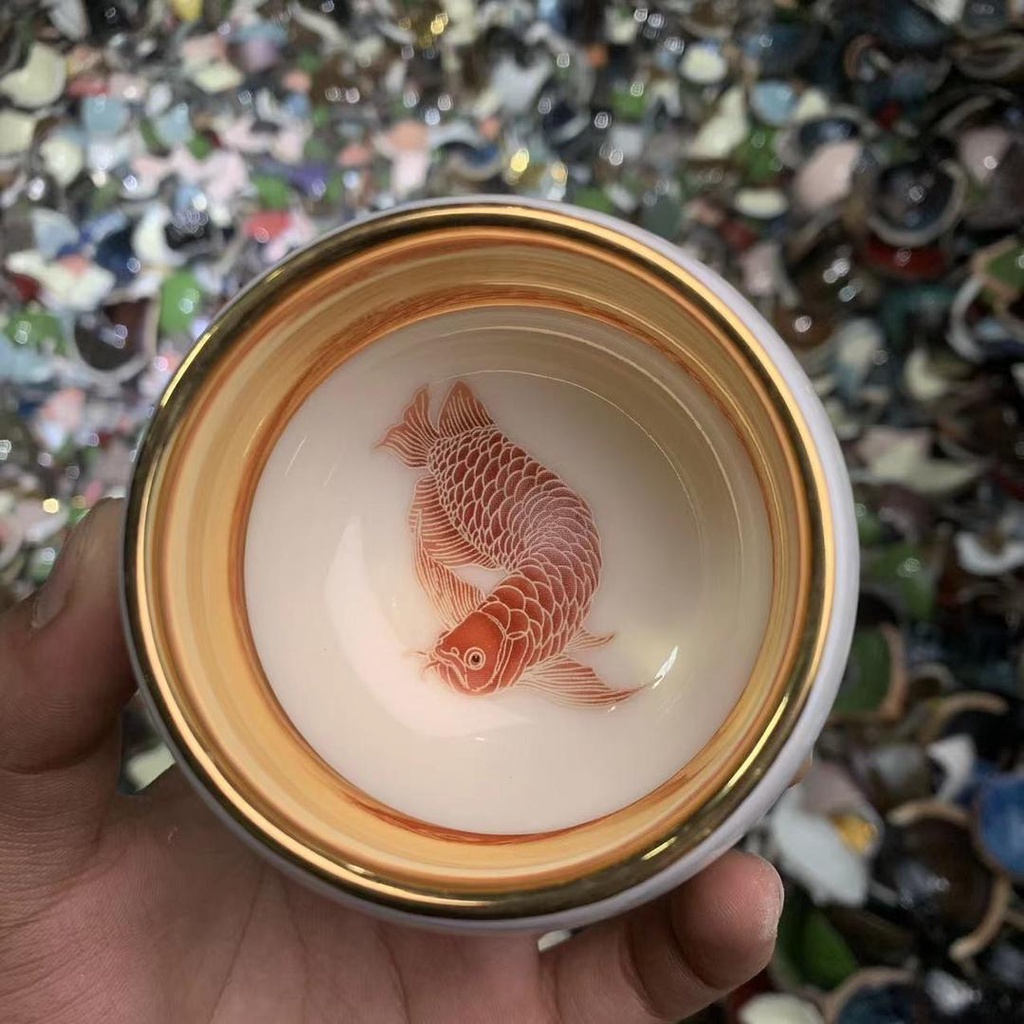 Chén Sứ Cảnh Đức Vẽ Tay Thủ Công Ngũ Hổ Lâm Môn Lòng Chén Dát Vàng 24K (Sản phẩm cao cấp 160 ml)