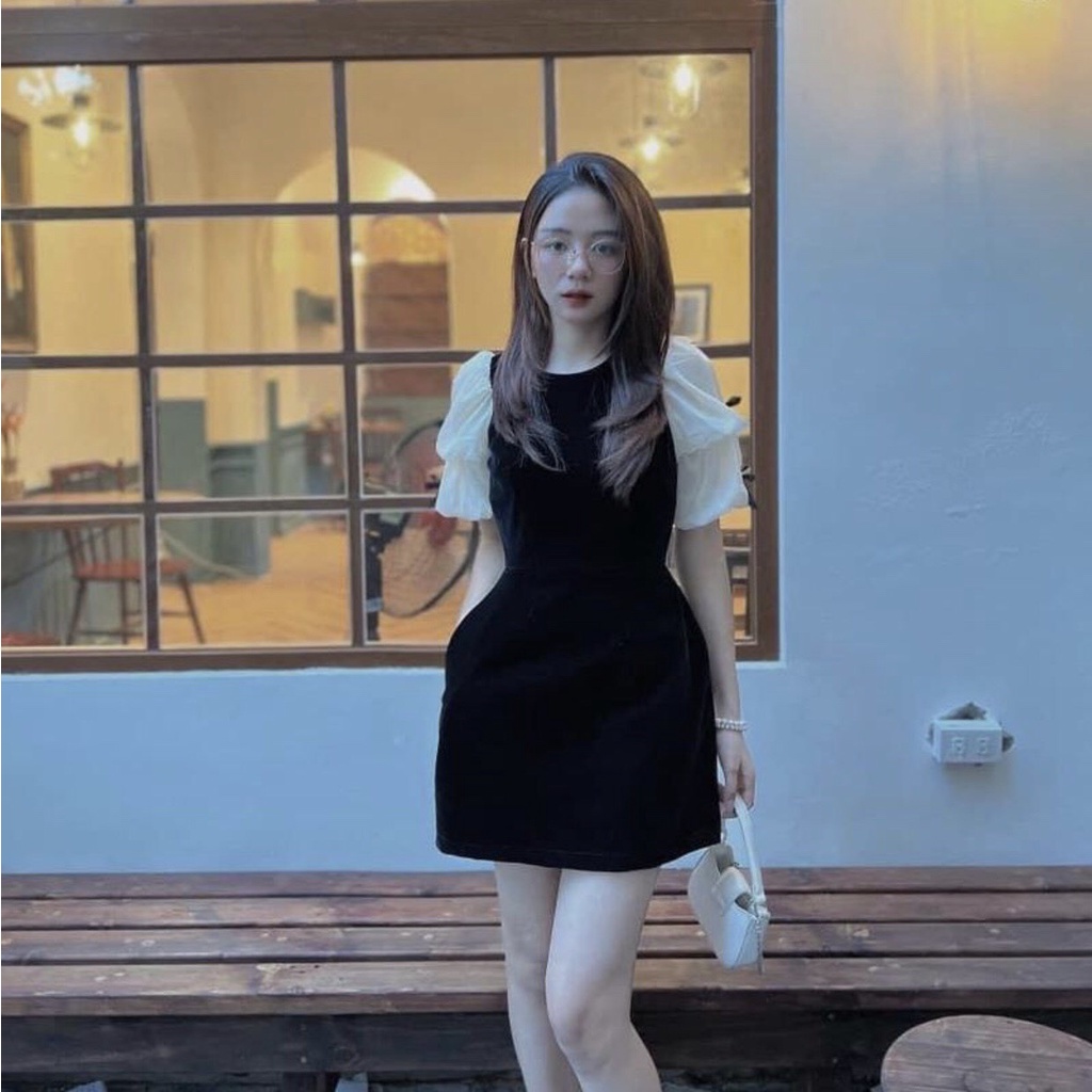 Váy nhung phối tay bồng cổ nơ có lót quần 169