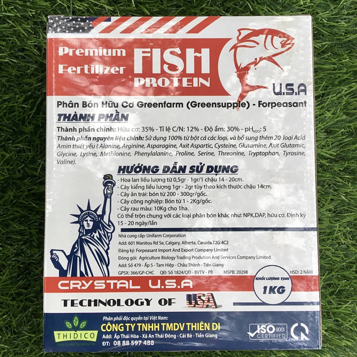 Phân bón hữu cơ U.S.A Greenfarm Premium Fertilizer FISH PROTEIN  100% từ bột cá gói 1kg