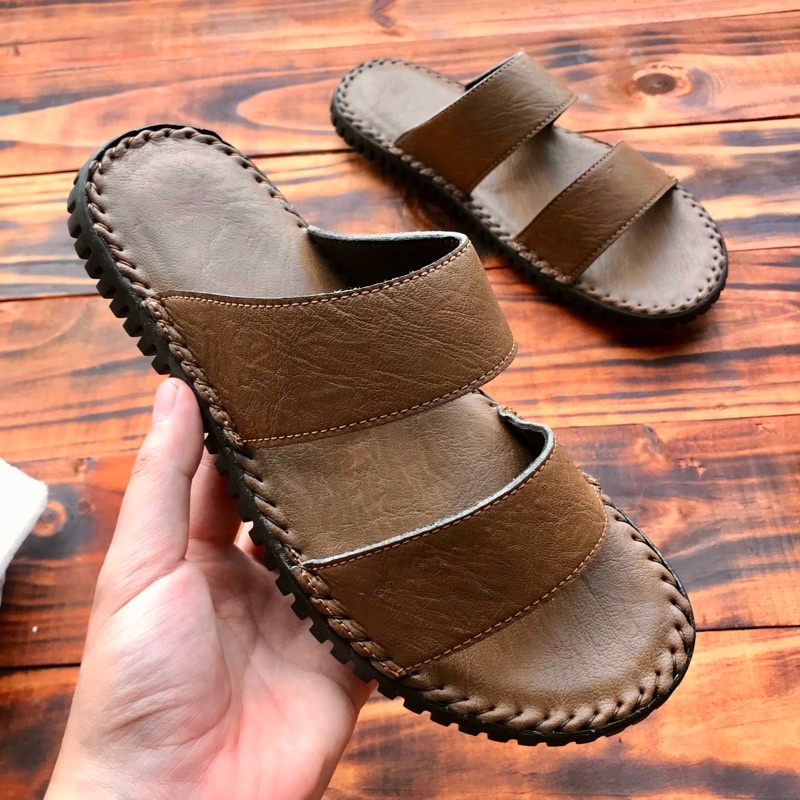 Dép sandal da bò dập vân kháng nhăn kháng xước màu nâu GIÁ SẢN XUẤT