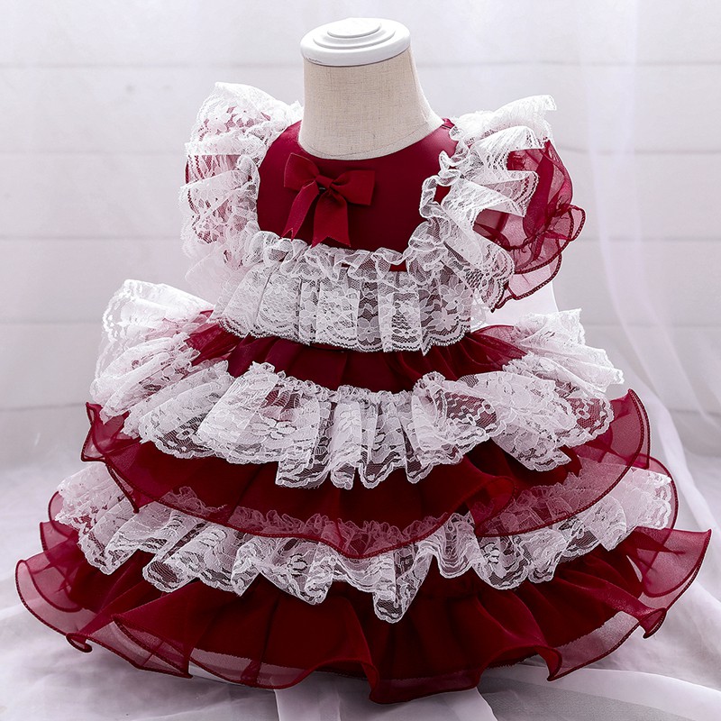 2021 Cute Short Sleeve Tutu Dress Lolita 1st Birthday Dress For Baby Girl Clothes Bow Princess Baptism Dresses Lace Party Dress Flower 1-5 Years