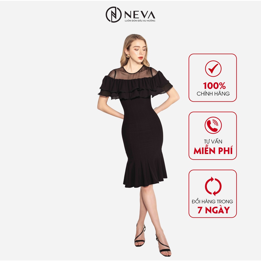 Đầm body nữ NEVA dáng đuôi cá phối tơ chất voan màu đen B430027