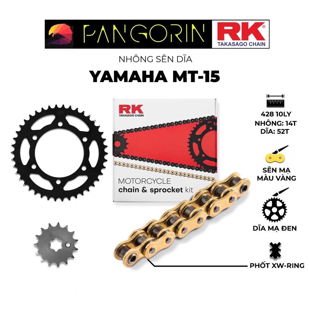 Nhông Sên Dĩa RK Takasago Yamaha MT-15 - Nhông Dĩa thép đen - Sên GB-428-KLW, màu vàng 10 ly, phốt XW-ring
