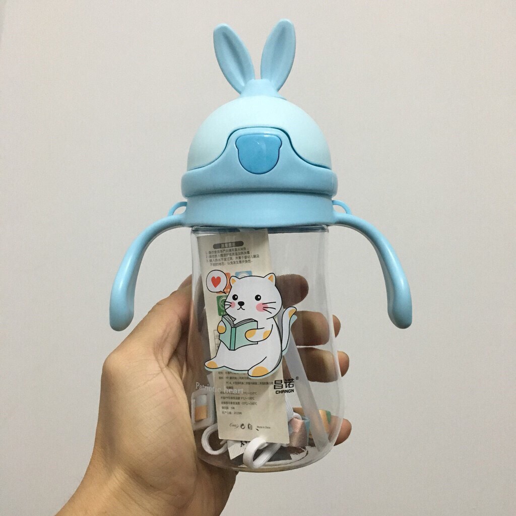 Bình Tập Uống Nước Cho Bé Có Dây Đeo 280ml Hình Tai Thỏ