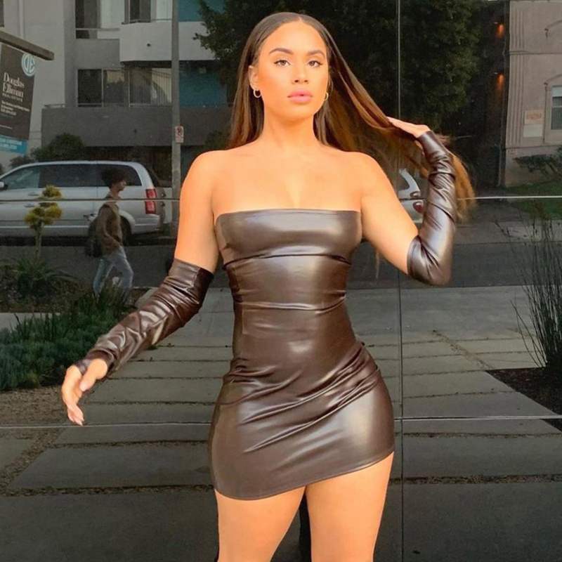 Đầm Mini Giả Da Màu Trơn Không Dây Ôm Dáng Kèm Găng Tay Gợi Cảm Cho Nữ