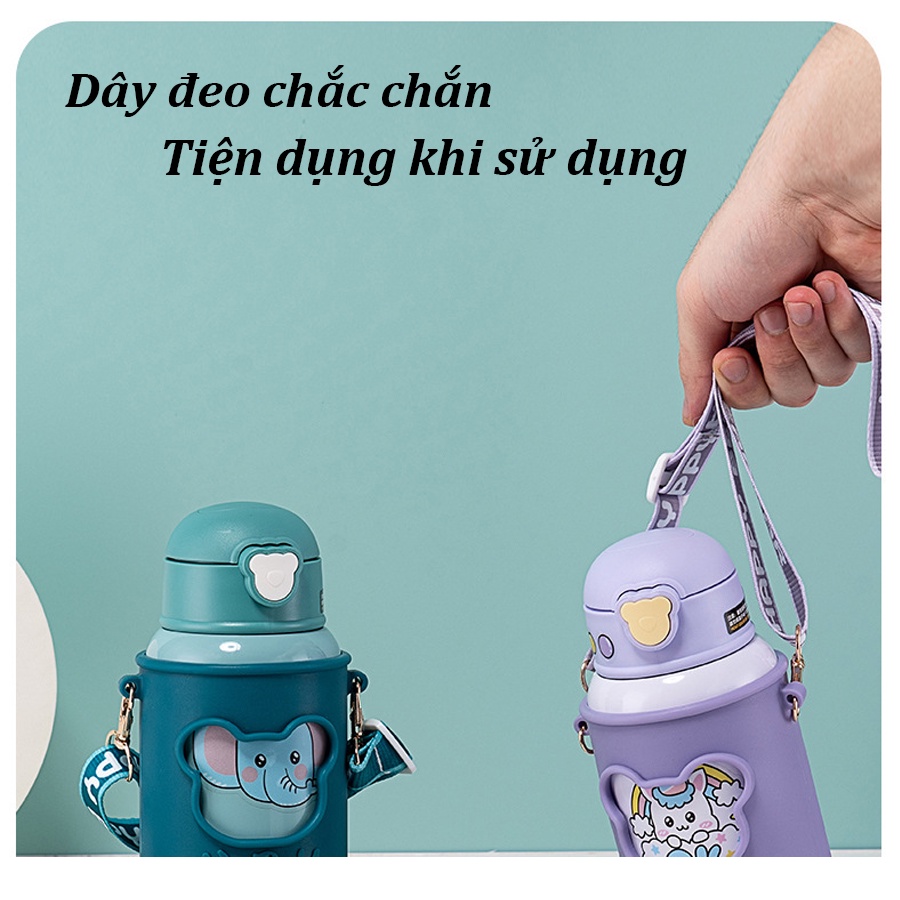 Bình giữ nhiệt .Bình nước giữ nhiệt cho bé đi học có dây đeo và có ống hút 4 màu dung tích 450ml B1