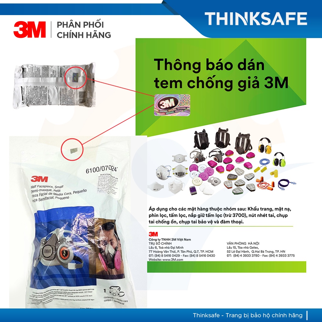 Mặt nạ phòng độc 3M 6200 / 6006 lọc hơi độc, hơi hữu cơ vô cơ, phun sơn, phun xịt thuốc sâu, axit - THINKSAFE