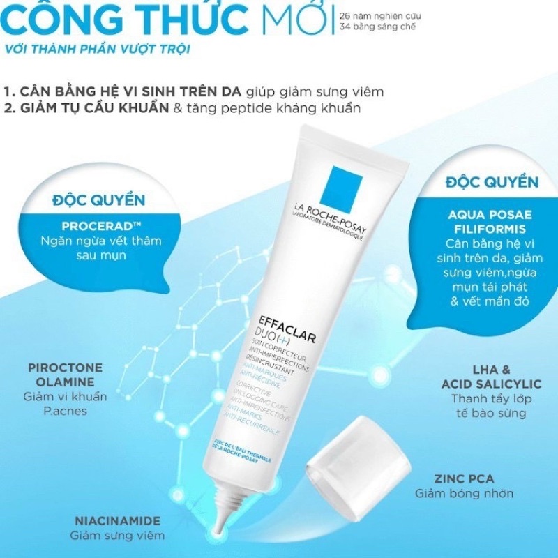 Kem dưỡng da giúp giảm mụn, thông thoáng lỗ chân lông ngăn ngừa thâm và mụn tái phát La Roche-Posay Effaclar Duo+ 5ml