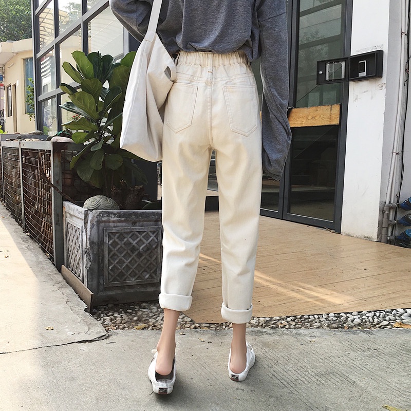 Quần jean lưng cao trơn màu cá tính theo phong cách Hàn Quốc