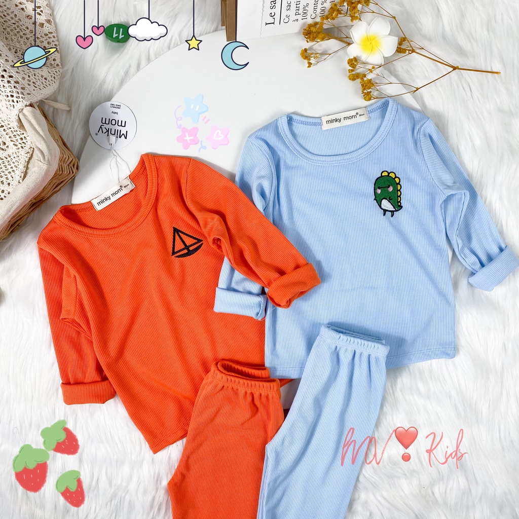 [SALE] Bộ Dài Tay Cho Bé Trai, Bé Gái Minky Mom Vải Len Gân Thêu Ngực Dễ Thương, Đồ Bộ Cho Bé Mặc Nhà Thu Đông MKMTD2154