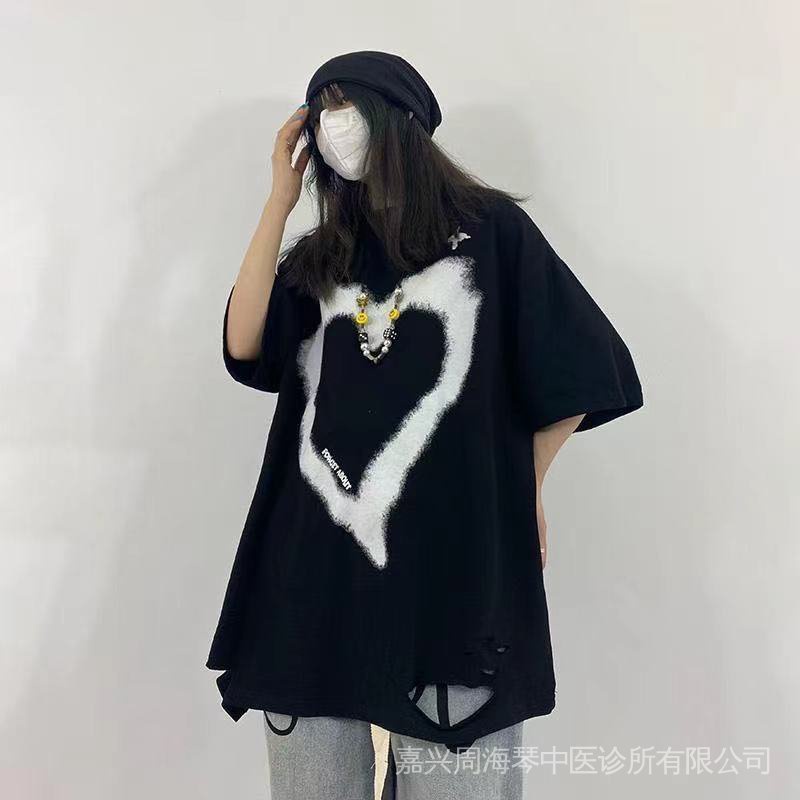Áo Thun Trắng Dáng Rộng Ngắn Tay In Hình Trái Tim Phong Cách Đường Phố Hàn Quốc Thời Trang Mùa Hè Mới 2022