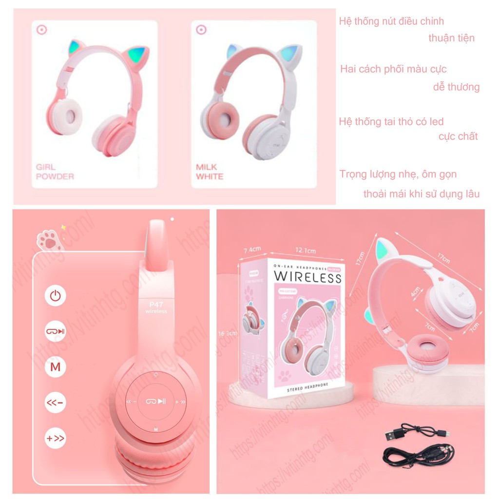 Tai nghe bluetooth màu hồng - Tai nghe tai mèo có đèn LED cực cute  Headphone bluetooth LED TG045