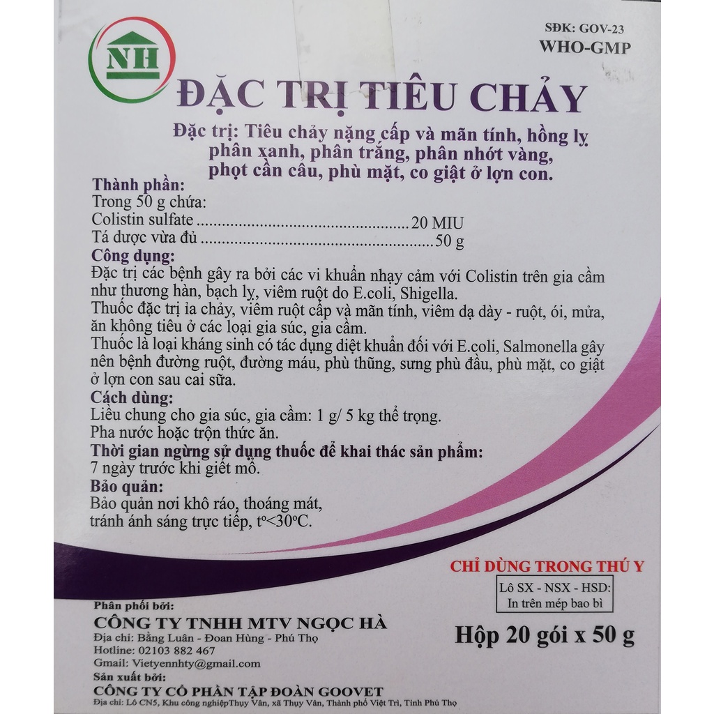 1 gói Colistin 50g Dùng cho gia súc, gia cầm, chó, mèo
