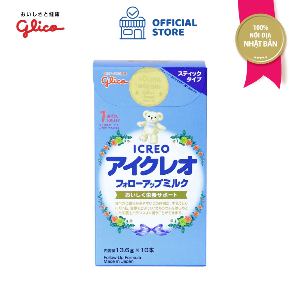 Sữa Glico Icreo Follow Up Milk (Icreo Số 1) Dinh Dưỡng Cho Bé Từ 9-36 Tháng  - Hộp 10 x 13,6g/Thanh Tiện Dụng