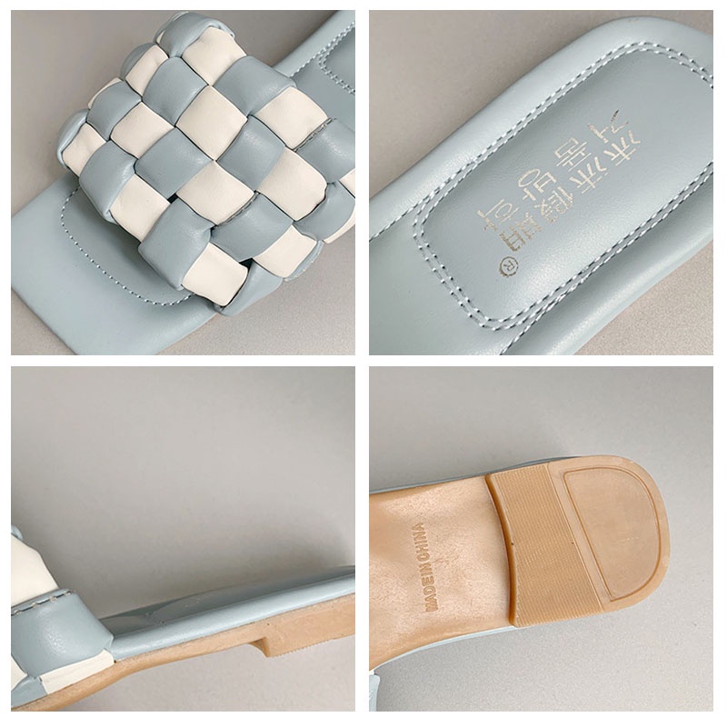 Dép Sandal Đế Bệt Mũi Vuông Họa Tiết Ca Rô Thời Trang Hàn Quốc Dành Cho Nữ