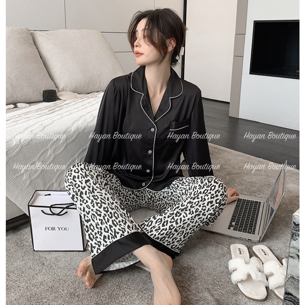 HT115 Bộ ngủ lụa tay dài cổ bẻ đơn giản, bộ mặc nhà hoạ tiết da báo sang chảnh CAO CẤP HT115