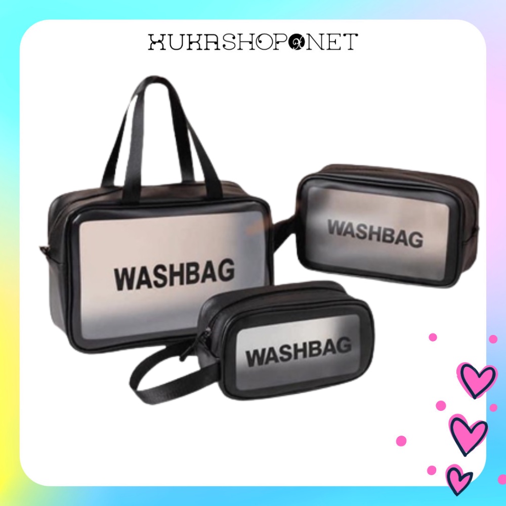 Set 3 túi trong suốt đựng mỹ phẩm, đồ trang điểm du lịch - Bộ 3 túi du lịch WASHBAG hồng chống thấm nước nhiều kích cỡ