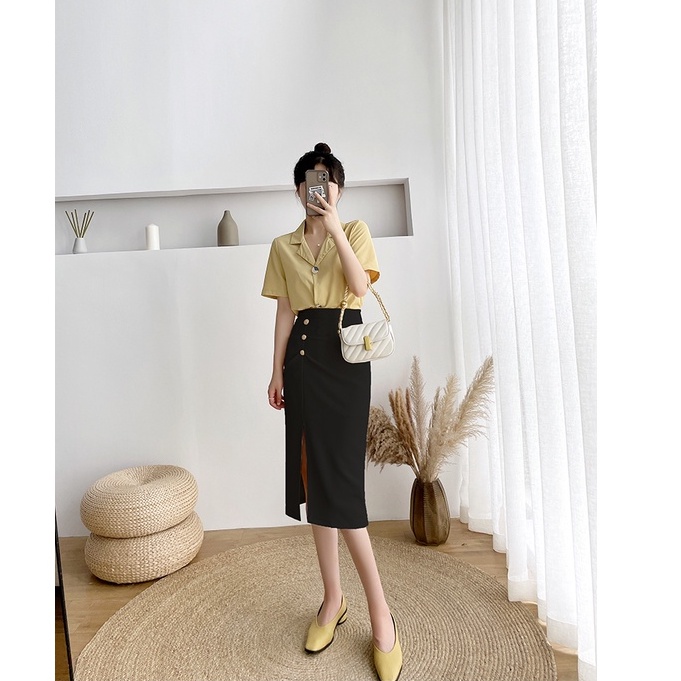 Chân váy bút chì công sở xẻ tà dáng dài cạp cao chất tuyết mưa, bút chì xẻ trước xếp li phối 3 cúc d68cm