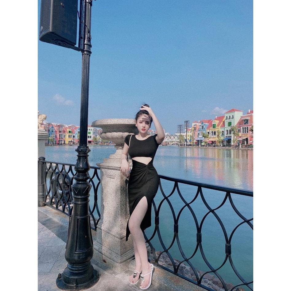 Váy Body Khoét Eo Xẻ Tà TIBU, Đầm Ôm Sexy Nữ Dáng Bó Xoắn Eo hottrend 2022