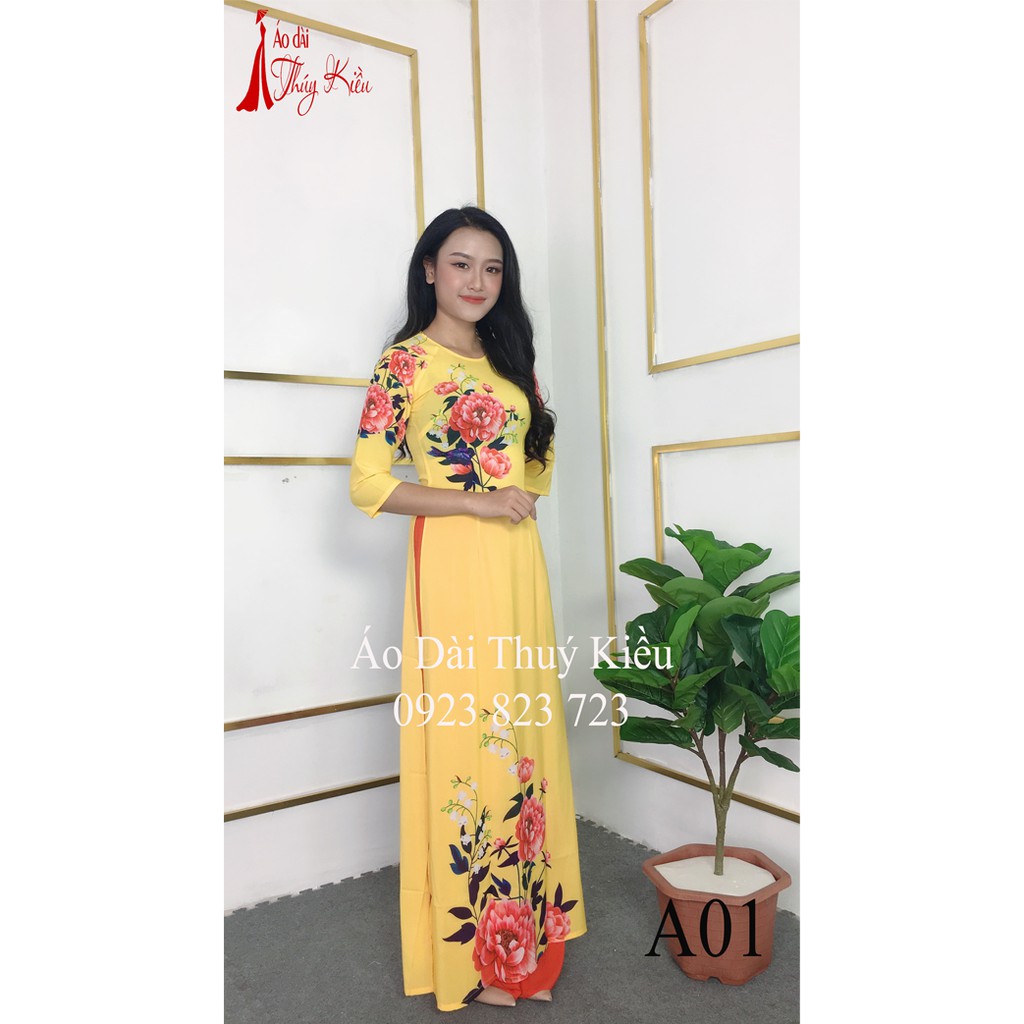 Áo dài Thúy Kiều in 3D lụa Nhật màu vàng hoa mẫu đơn A01
