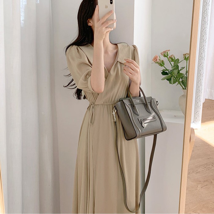 Đầm maxi tay phồng cổ chữ V trơn màu xinh xắn dành cho nữ 35177