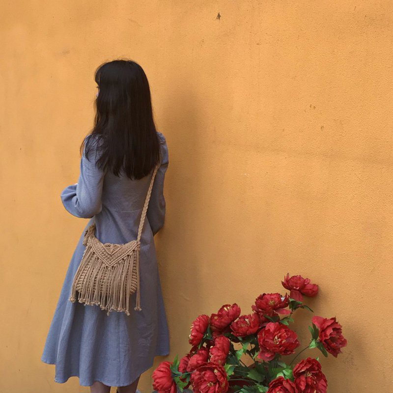 [NowShip - Giao Ngay] Túi Cói Boho Vintage Đeo Vai, Đeo Chéo Hình Tròn Dây Da Màu Nâu Be Trơn