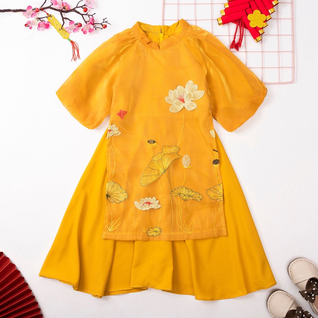 Áo Dài Bé Gái Thêu Sen,ao dai tet hang thiet ke