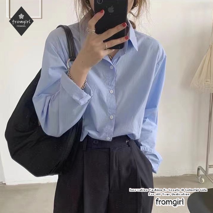 Áo Sơ Mi Tay Dài Màu Xanh Dương Phong Cách retro Thanh Lịch