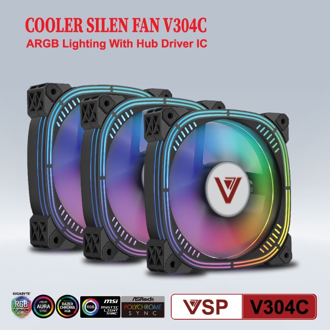 Bộ 3 Fan VSP V304C Led RGB kèm hub và remote Cho Case kính cường lực