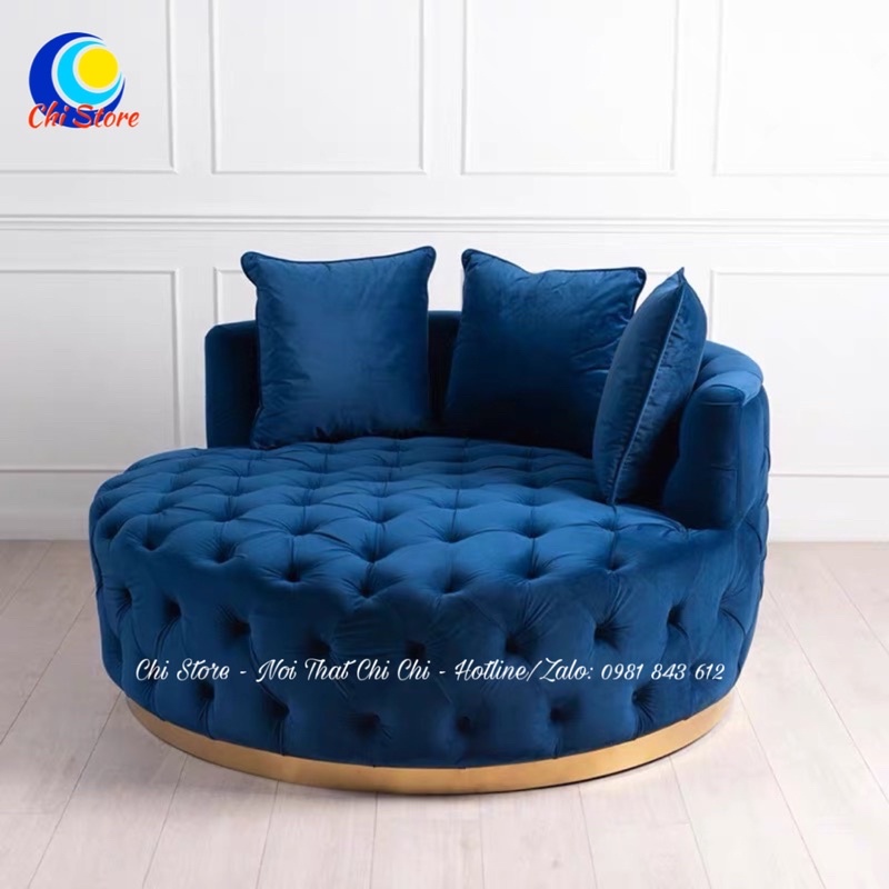 Sofa Giường Cổ Điển Nhún Sang Chảnh, Đôn Tròn Sofa Giường Có Tựa Kèm Gối