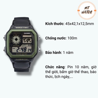 Đồng hồ Casio Nam AE-1200 dây vải thiết kế mặt vuông cổ điển chống nước - pin 10 năm xài siêu bền