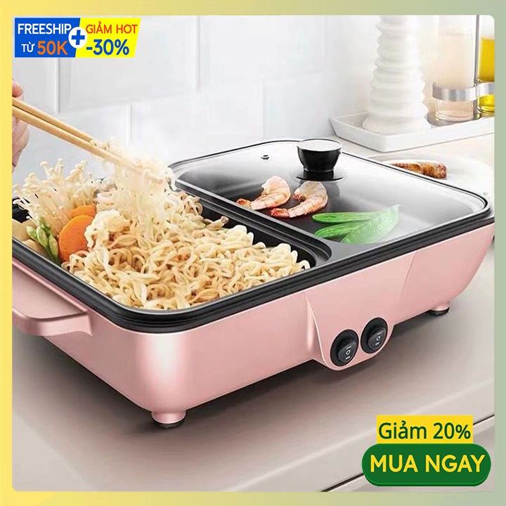 Bếp lẩu nướng 2 ngăn, Nồi lẩu nướng mini 2 in 1 Hàn Quốc