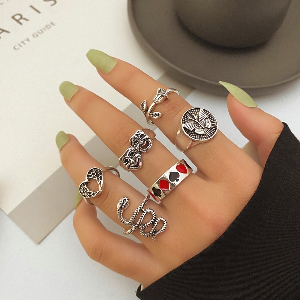 Bộ Nhẫn Thời Trang Mạ Bạc Hình Rắn/Bướm/Hoa/Đầu Lâu Phong Cách Gothic Cổ Điển Cho Nữ