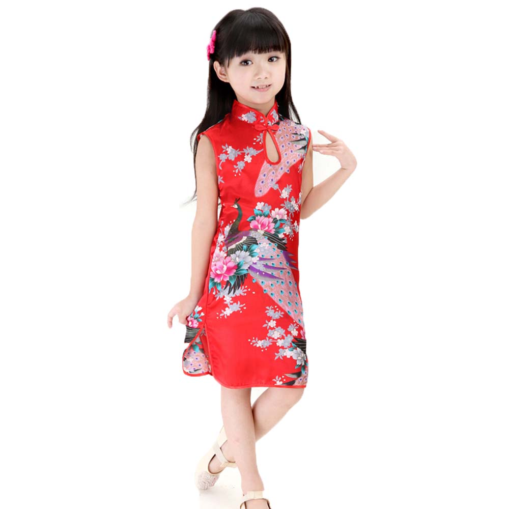 Đầm Sườn Xám Không Tay In Họa Tiết Chim Công Phong Cách Trung Hoa Cho Bé Gái