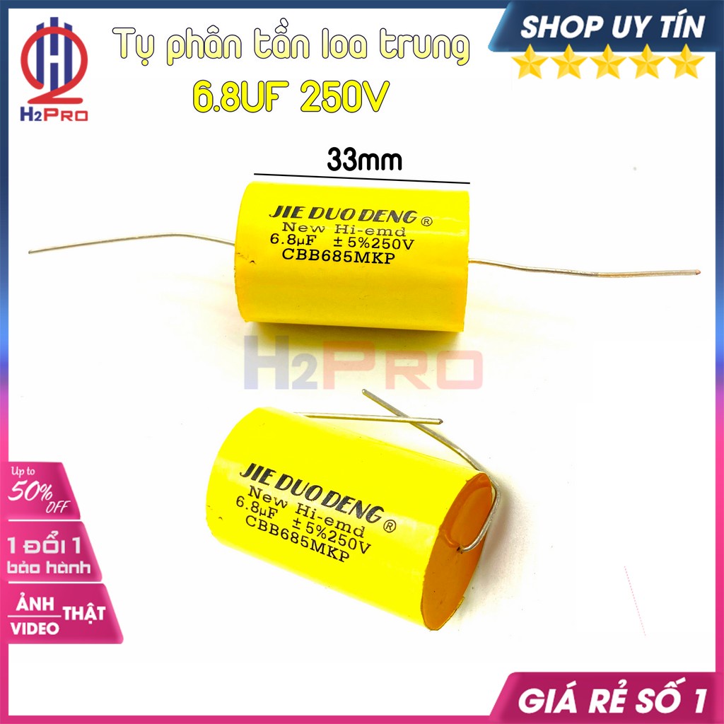 Đôi tụ cản loa trung 6.8UF 250V H2pro cao cấp vàng tròn (2 chiếc), tụ phân tần loa trung-loa mid-loa lời