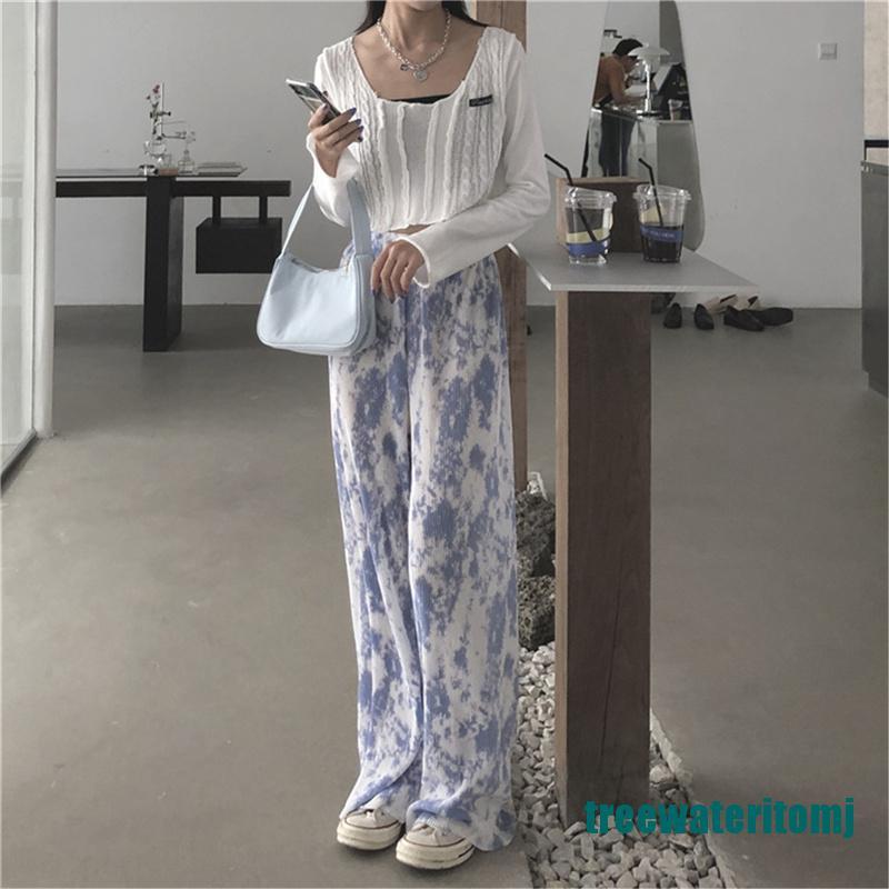 <new~>Loose Straight High Waist Long Boho Ruched Pleated Tie Dye Print Pant Casual Trouser