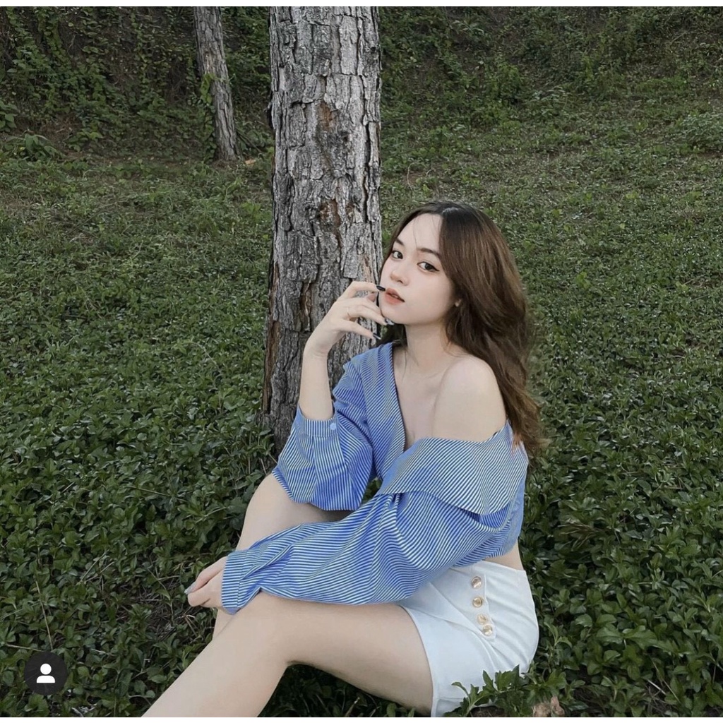 SET ÁO SỌC BẸT VAI + CHÂN VÁY NÚT TRẮNG