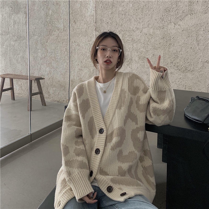 Áo Khoác Cardigan Dệt Kim Họa Tiết Da Báo Thiết Kế Mới Thời Trang Theo Phong Cách Hàn Quốc Cho Nữ