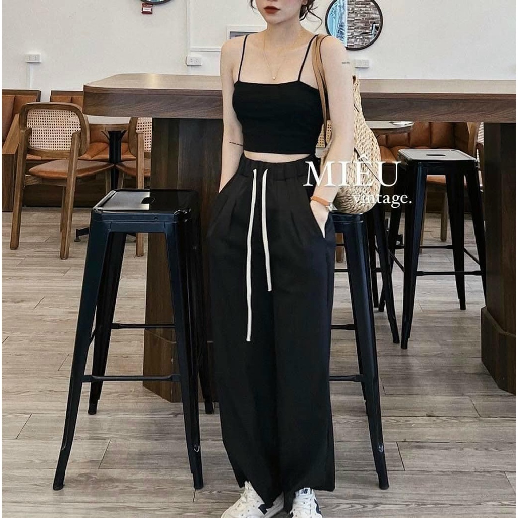 Quần Ống Rộng Nữ Lưng Cao Cạp Thun Chun Dây Rút Dáng Dài Thể Thao Vải Đen Nâu Mã 1108