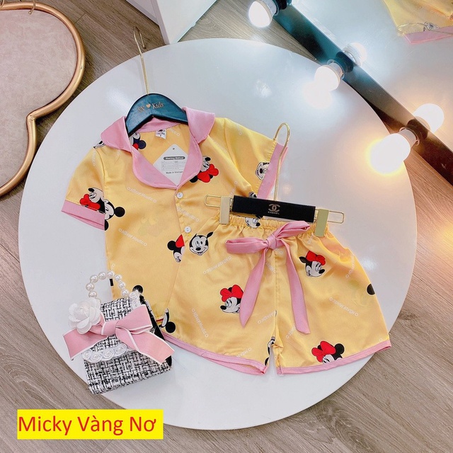 [8kg-22kg] Bộ Mặc Nhà Pijama Lụa Phối Nơ Cao Cấp Ngắn Tay Cho Bé Gái . Chất Liệu Lụa Mềm Mịn Thoáng Mát