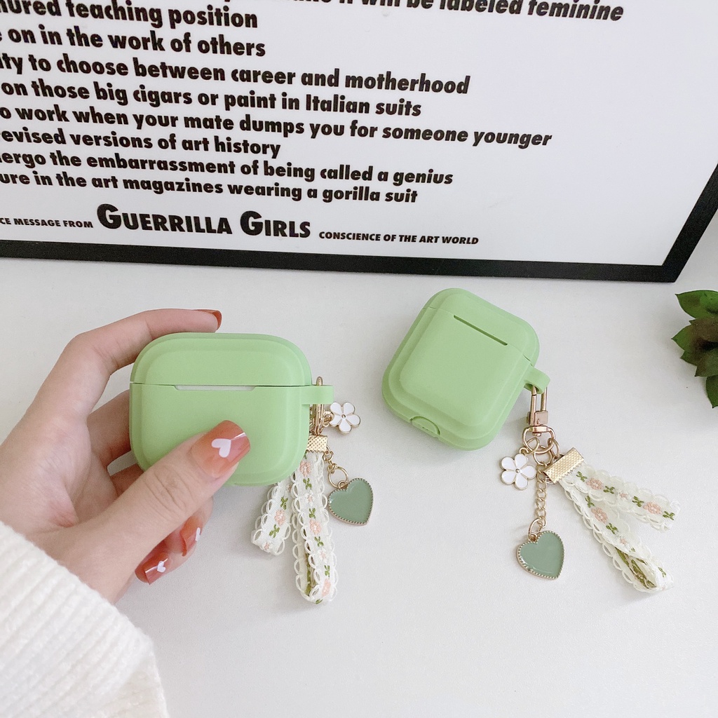 Vỏ Bảo Vệ Hộp Sạc Tai Nghe Airpod 1 2 3 pro Bằng tpu Mềm Hình Vuông Màu Xanh Matcha Phối Vải Họa Tiết Trái Tim
