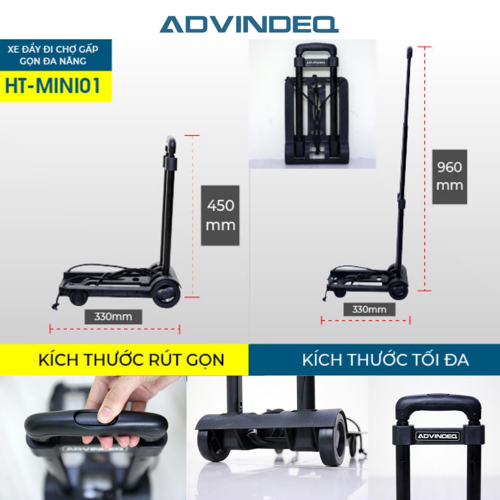 Xe đẩy đi chợ gấp gọn đa năng ADVINDEQ HT-MINI01, xe đẩy hàng tải trọng 45kg bảo hành 12 tháng toàn quốc