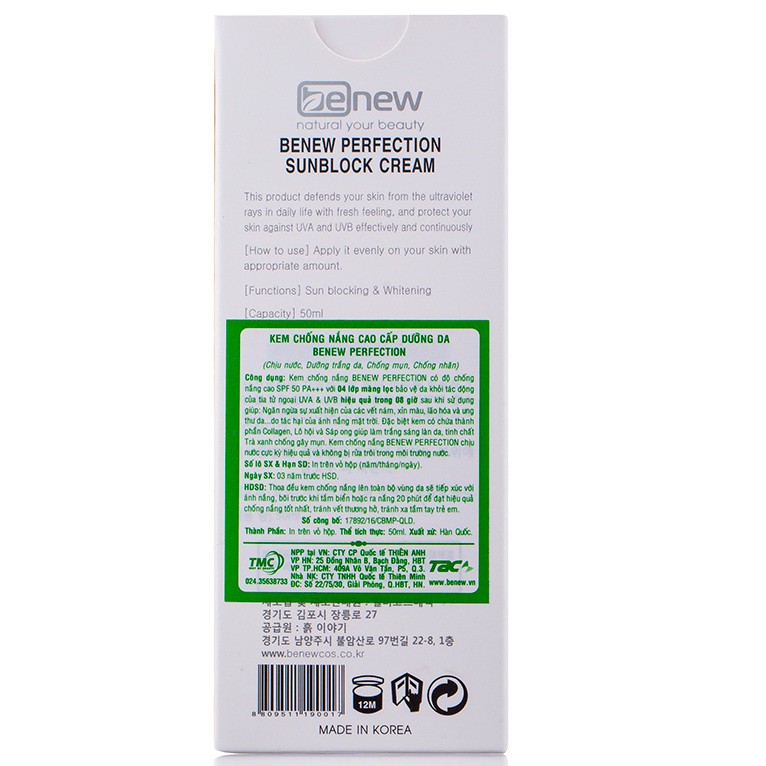 BENEW PERFECTION SUNBLOCK CREAM SPF 50 PA +++ kem chống nắng kiềm dầu, trắng da mặt Hàn Quốc 50ml/Hộp